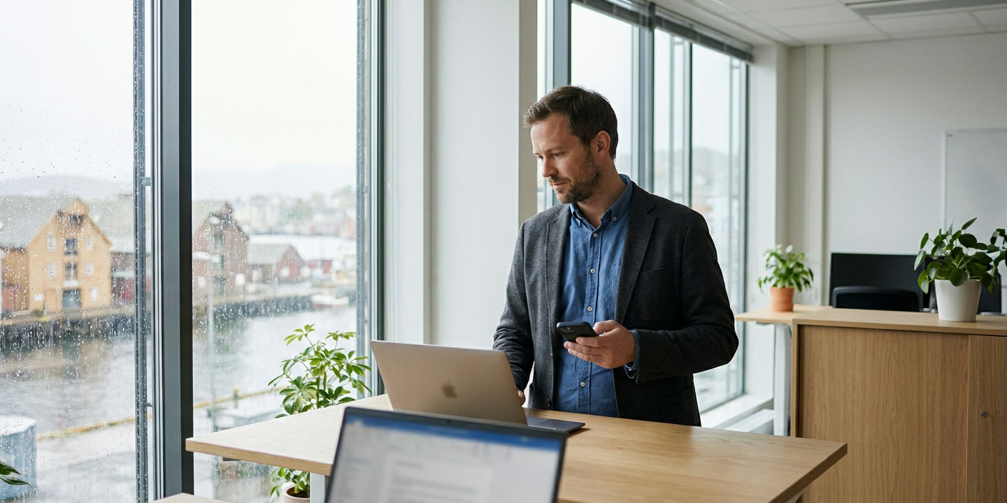 En rekrutteringskonsulent ved et vindu med utsikt over en norsk havn, med mobil og laptop