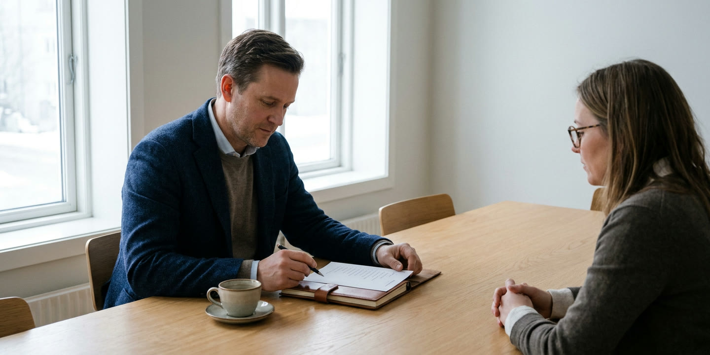 A manager reviews a printed list of questions with a colleague across a light wooden table in a Nordic office