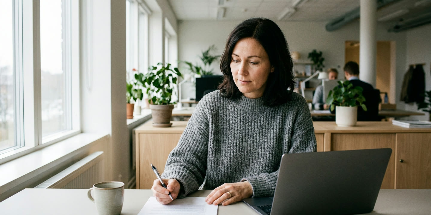 A recruitment manager reads and annotates a printed document at her desk in a bright Nordic staffing agency office