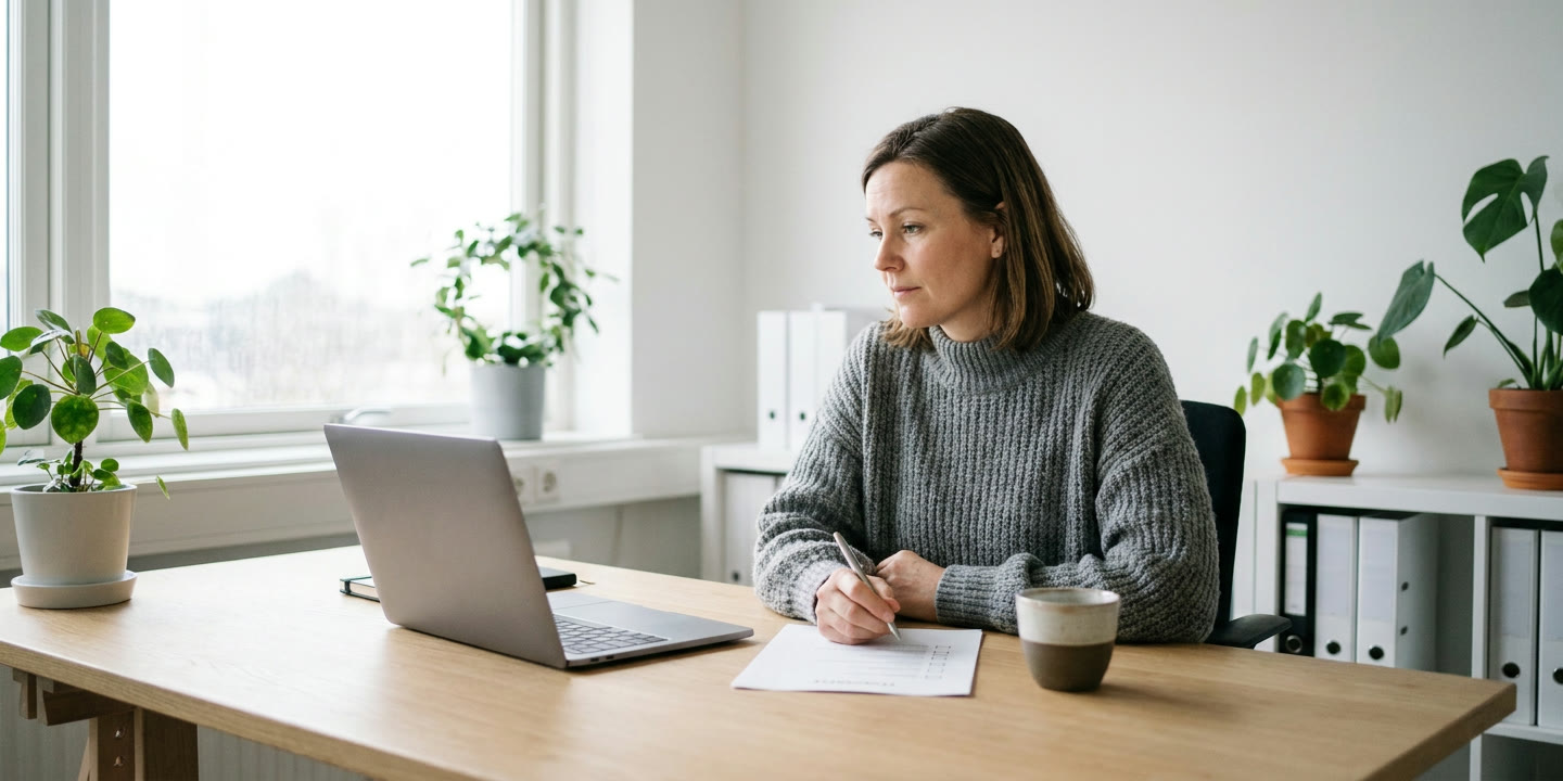 A recruiter at a light wood desk in a Nordic office checks a laptop against a printed checklist