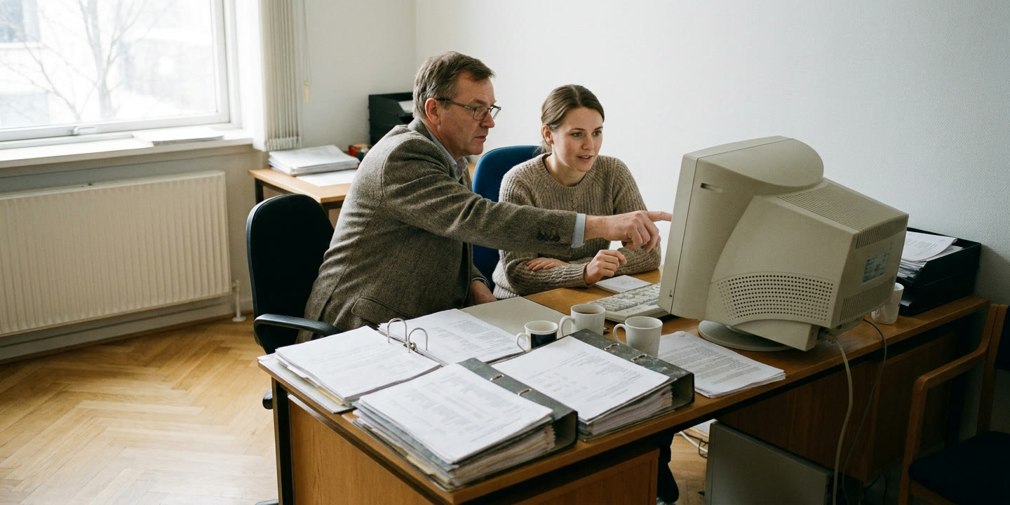 A branch manager points at an old desktop monitor while a colleague listens, ring binders on the desk of a Nordic staffing office