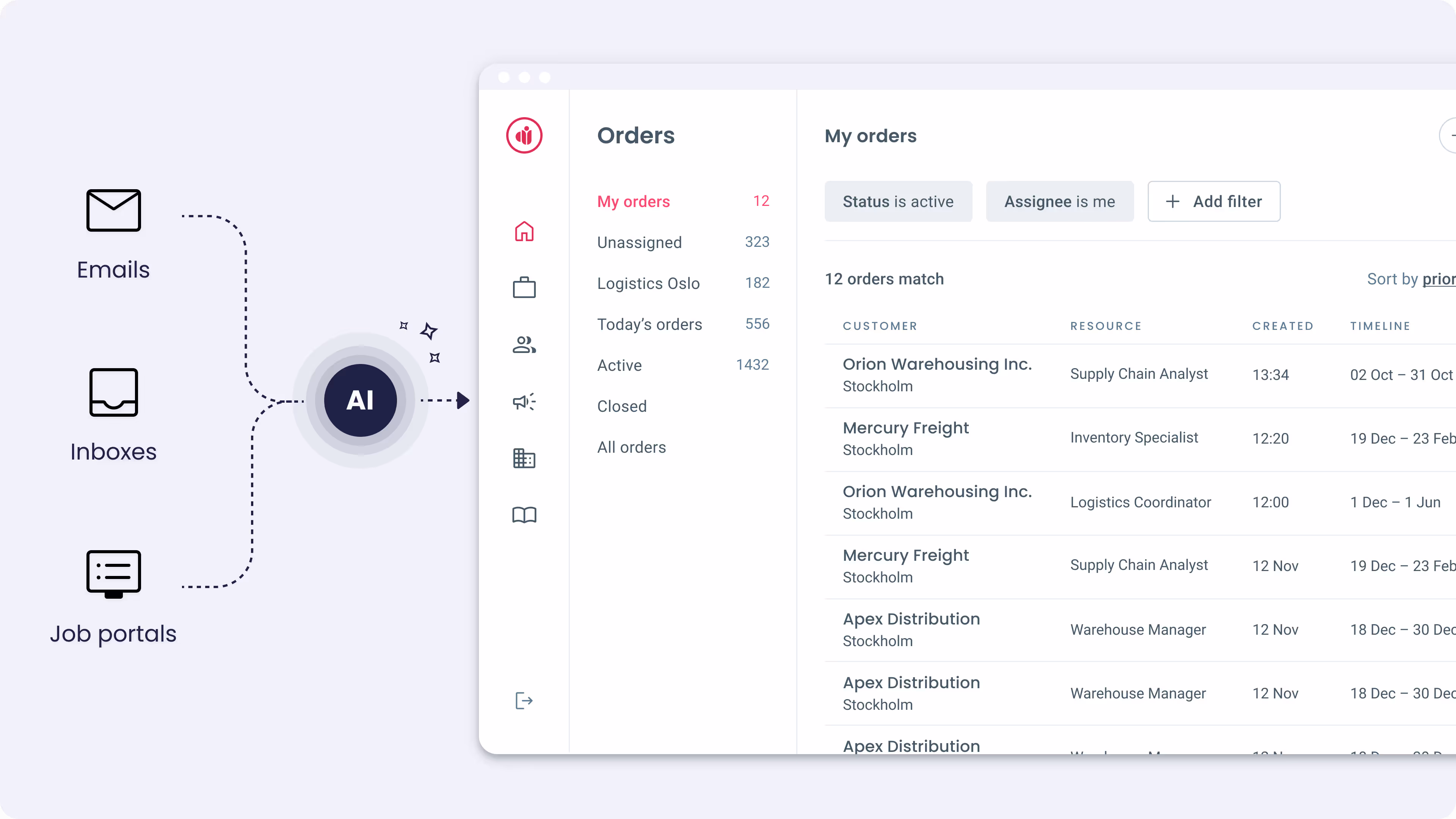 Dashboard showing how Globus AI agents receive job orders from emails and centralize them for review.