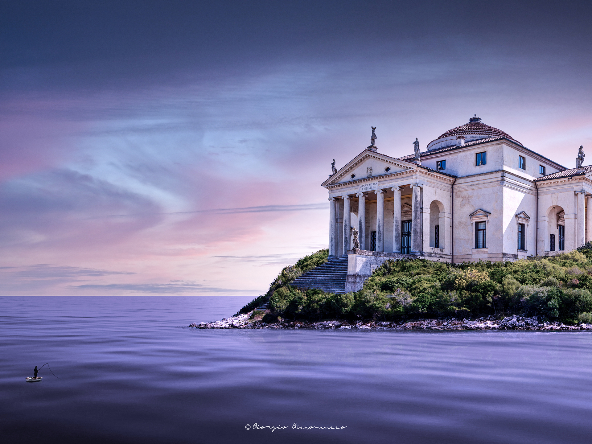 La Rotonda di Vicenza su un isola in mezza all'acqua