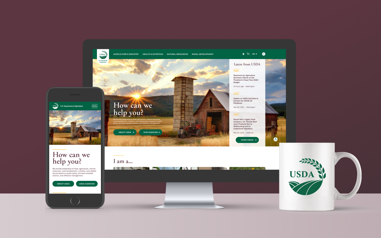 USDA responsive web redesign mockups for both mobile and desktop on a dark background, plus a coffee mug featuring the redesigned logo