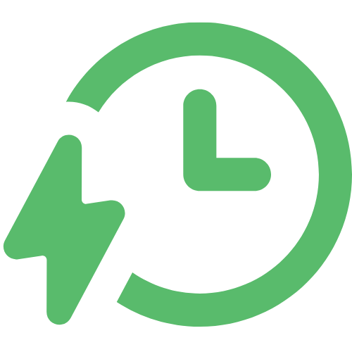 Green icon of a clock with a speed lightning bolt symbol representing fast time or quick service.