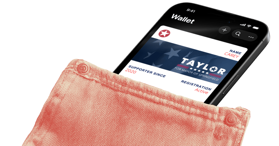 Smartphone displaying digital member ID card partially inside a red denim pocket.
