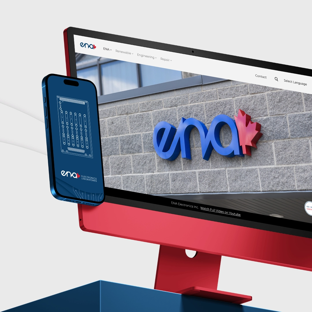 E N A Electronics logos, website, and graphic, on two screens