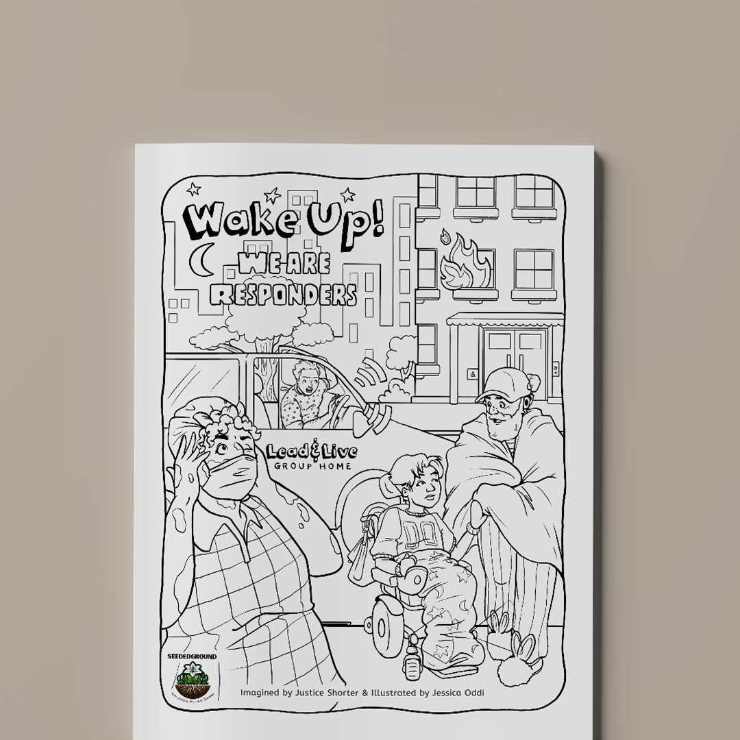 Colouring book page illustration for Wake up! We are responders