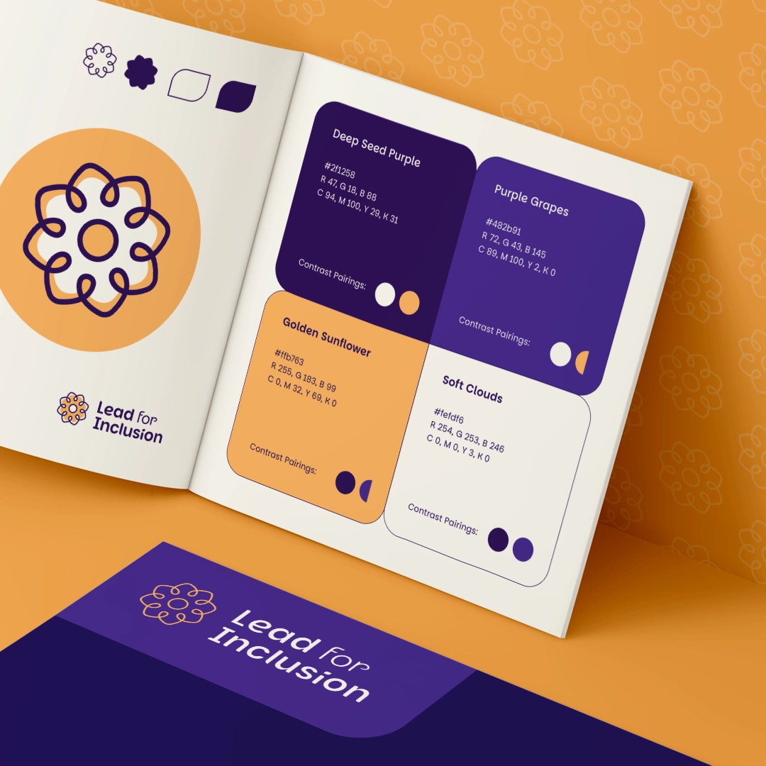 Lead for inclusion design identity guide book. Colours are deep seed purple, purple grapes, golden sunflower, and soft clouds
