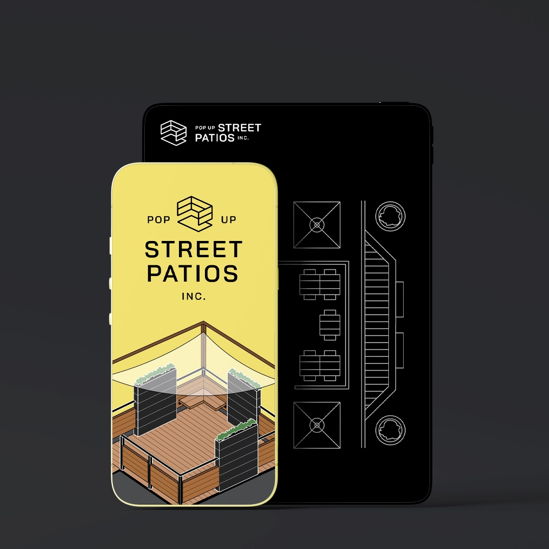 Two logo variations and graphics for Pop Up Street Patios Inc.