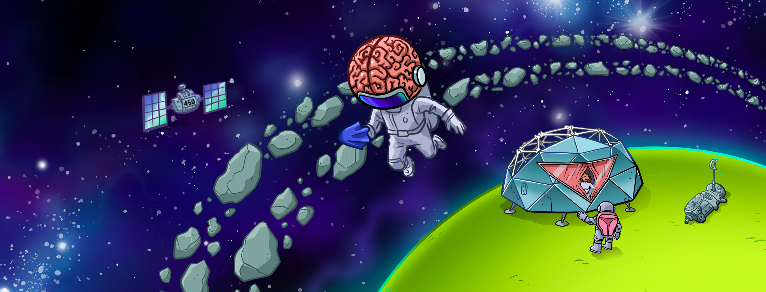 Illustrated scene from Sketchy Neurology featuring story characters from the visual learning series