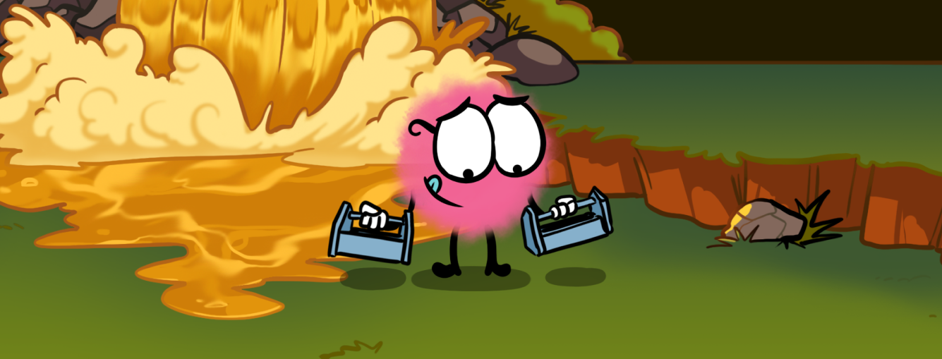Sketchy cartoon puff lifting weights in the forest