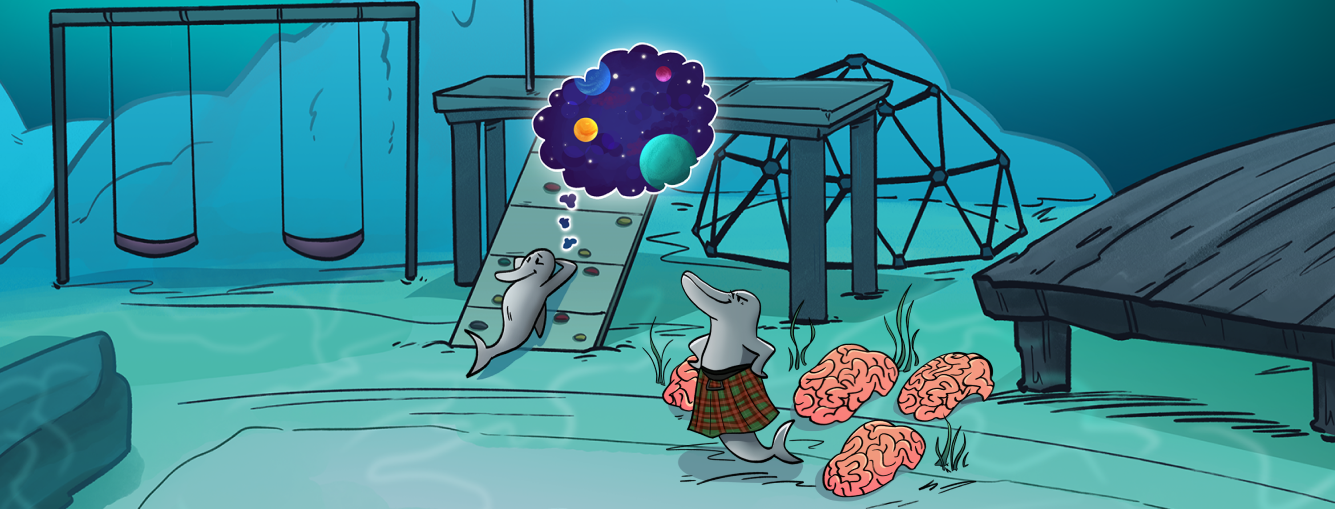 Illustrated Sketchy teal-toned industrial scene with cartoon characters and mechanical equipment