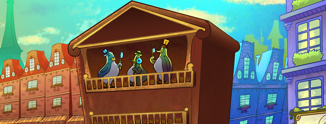 Illustrated Sketchy city scene with cartoon characters on the balcony of a brick building exterior