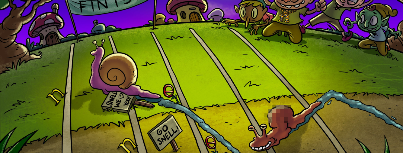 Illustrated Sketchy nighttime scene with cartoon characters gathered around a large industrial container with purple smoke