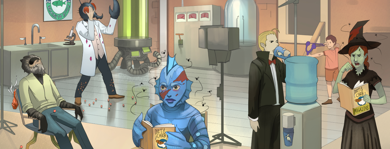Illustrated Sketchy laboratory scene with cartoon characters including a blue alien, a witch, and a scientist working in a busy interior