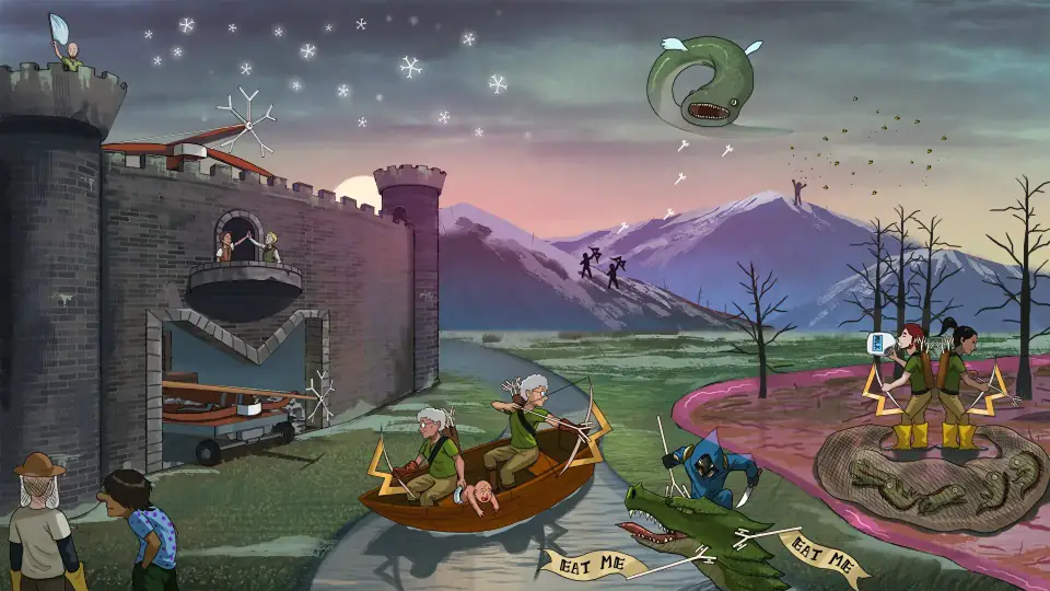 Illustrated Sketchy moody nighttime scene with cartoon characters and a dark fortress silhouetted against the sky