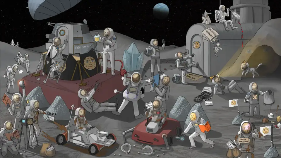 Illustrated Sketchy dark grayscale industrial scene with cartoon characters in a dramatic monochrome setting