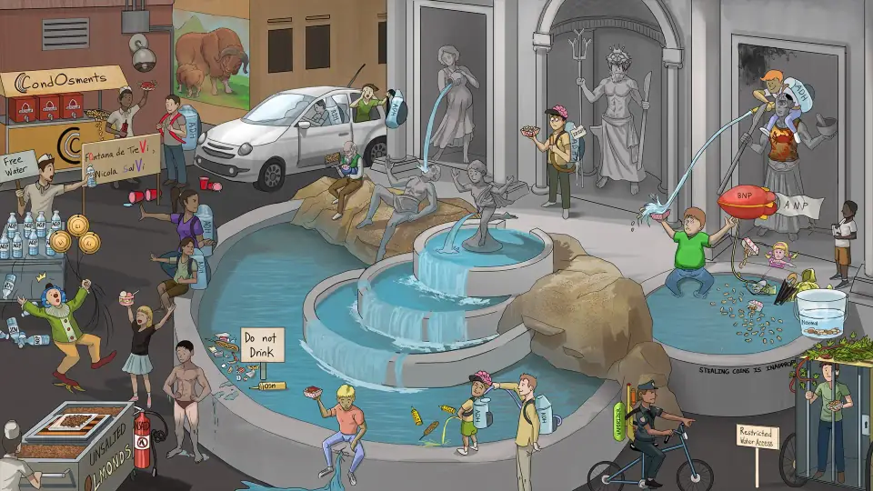 Illustrated Sketchy bright turquoise poolside scene with cartoon characters enjoying a relaxed outdoor setting