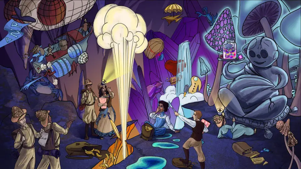 Illustrated Sketchy dark purple cosmic scene with a cartoon character surrounded by glowing atmospheric elements