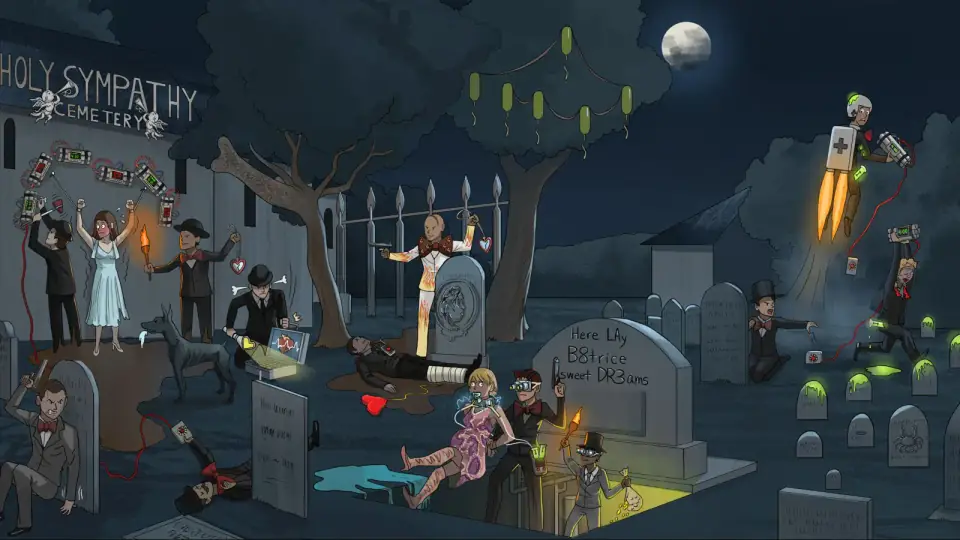 Illustrated Sketchy dark moody nighttime indoor scene with cartoon characters in dim mysterious lighting