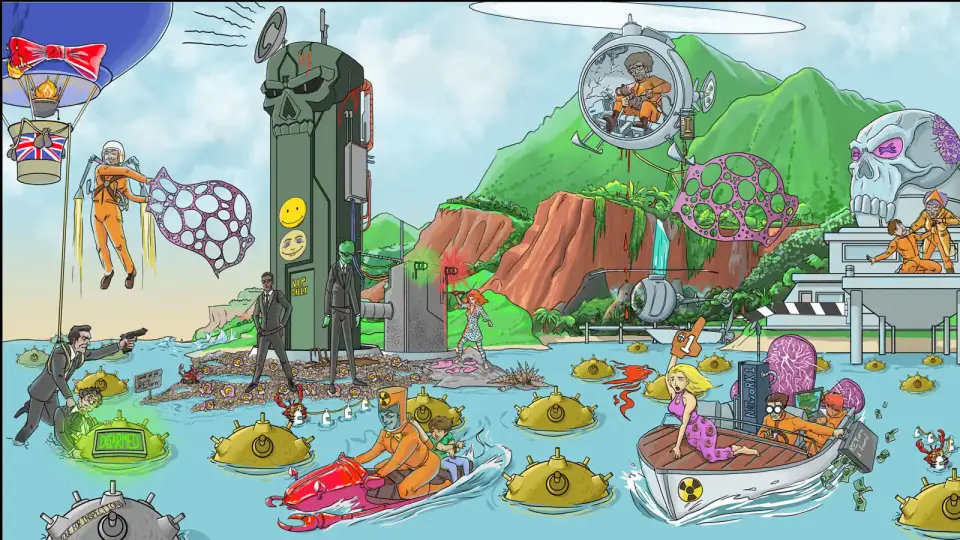 Illustrated Sketchy colorful outdoor scene with cartoon characters near water and vibrant structures