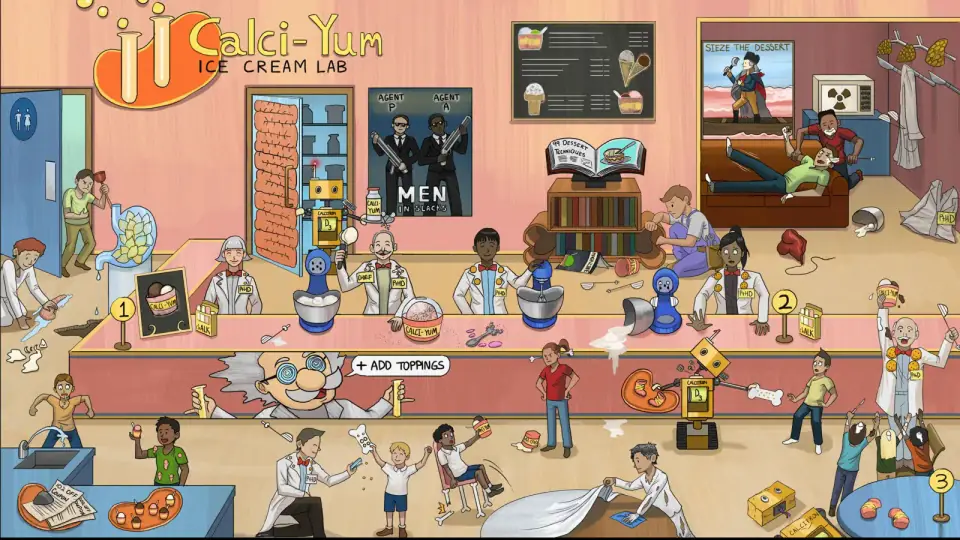 Illustrated Sketchy warm busy indoor gathering scene with a large crowd of cartoon characters