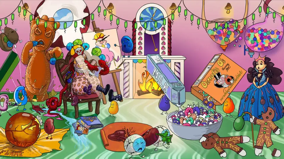 Illustrated Sketchy bright warm-toned indoor scene with cartoon characters in a lively social setting