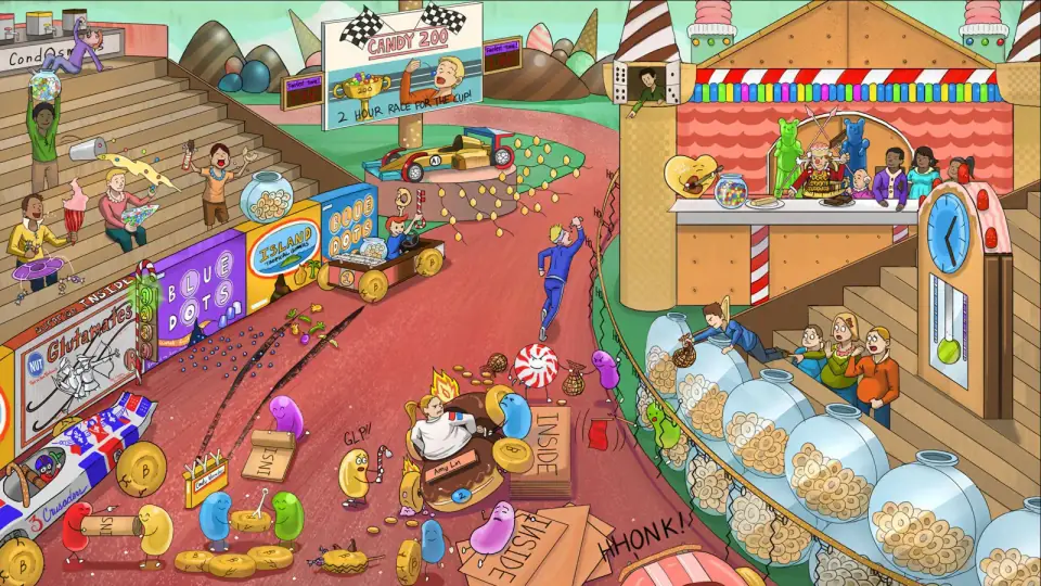 Illustrated Sketchy colorful street marketplace scene with cartoon characters and vibrant storefronts