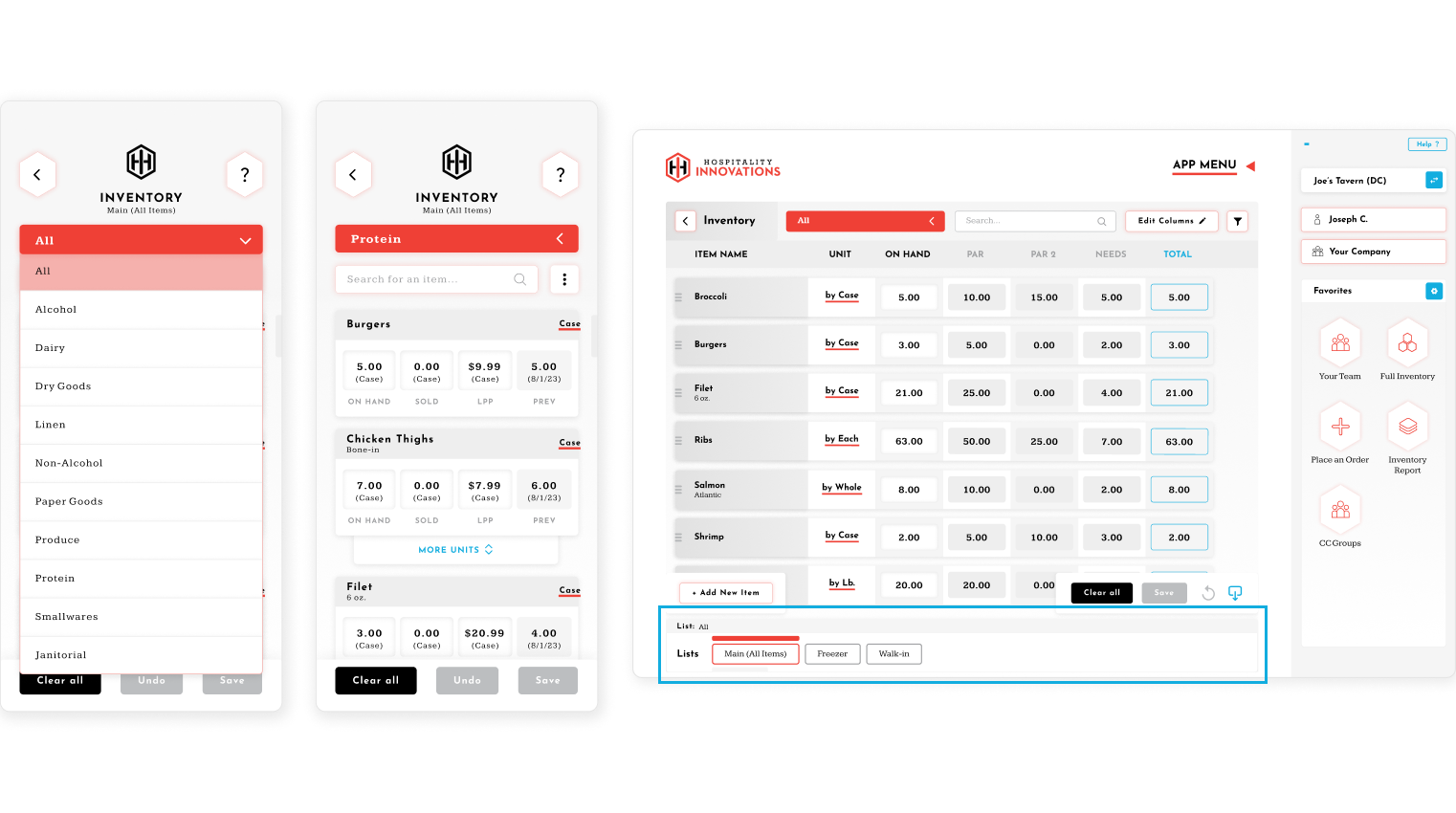 Inventory web app screen showing our user-friendly UI with some inventory counts and custom columns. Our mobile app is also showing our easy counting functionality for summing multiple counts from many locations.