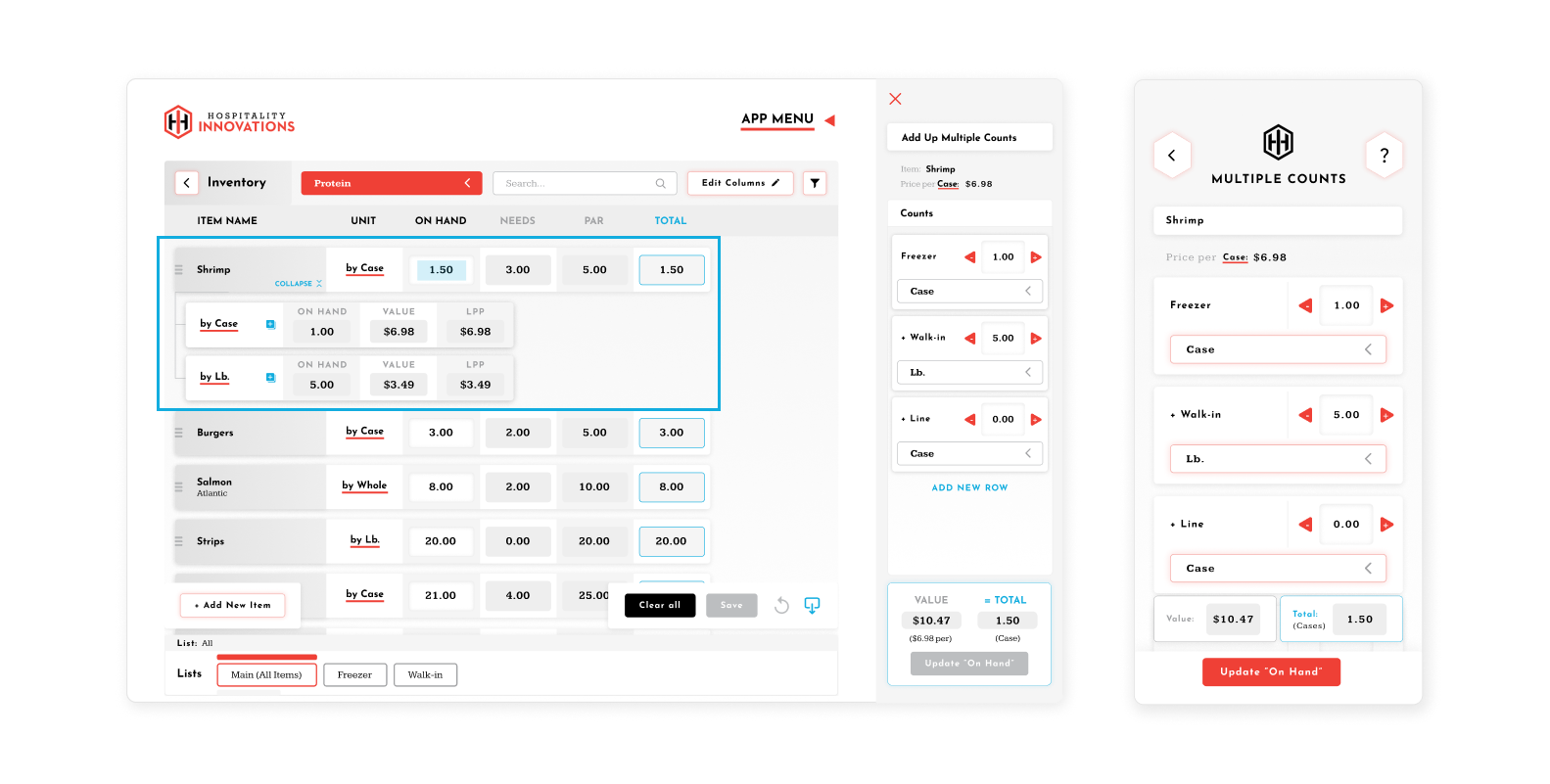 Inventory web app screen showing our user-friendly UI with some inventory counts and custom columns. Our mobile app is also showing our easy counting functionality for summing multiple counts from many locations.