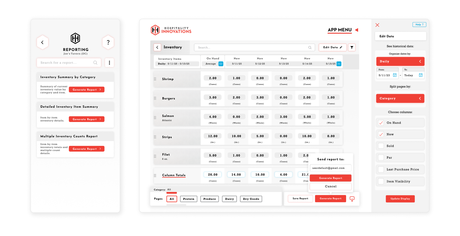 Inventory web app screen showing our user-friendly UI with some inventory counts and custom columns. Our mobile app is also showing our easy counting functionality for summing multiple counts from many locations.