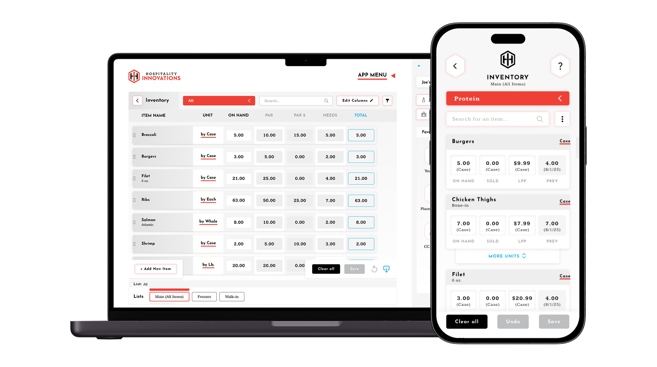 Inventory web app screen showing our user-friendly UI with some inventory counts and custom columns. Our mobile app is also showing our easy counting functionality for summing multiple counts from many locations.