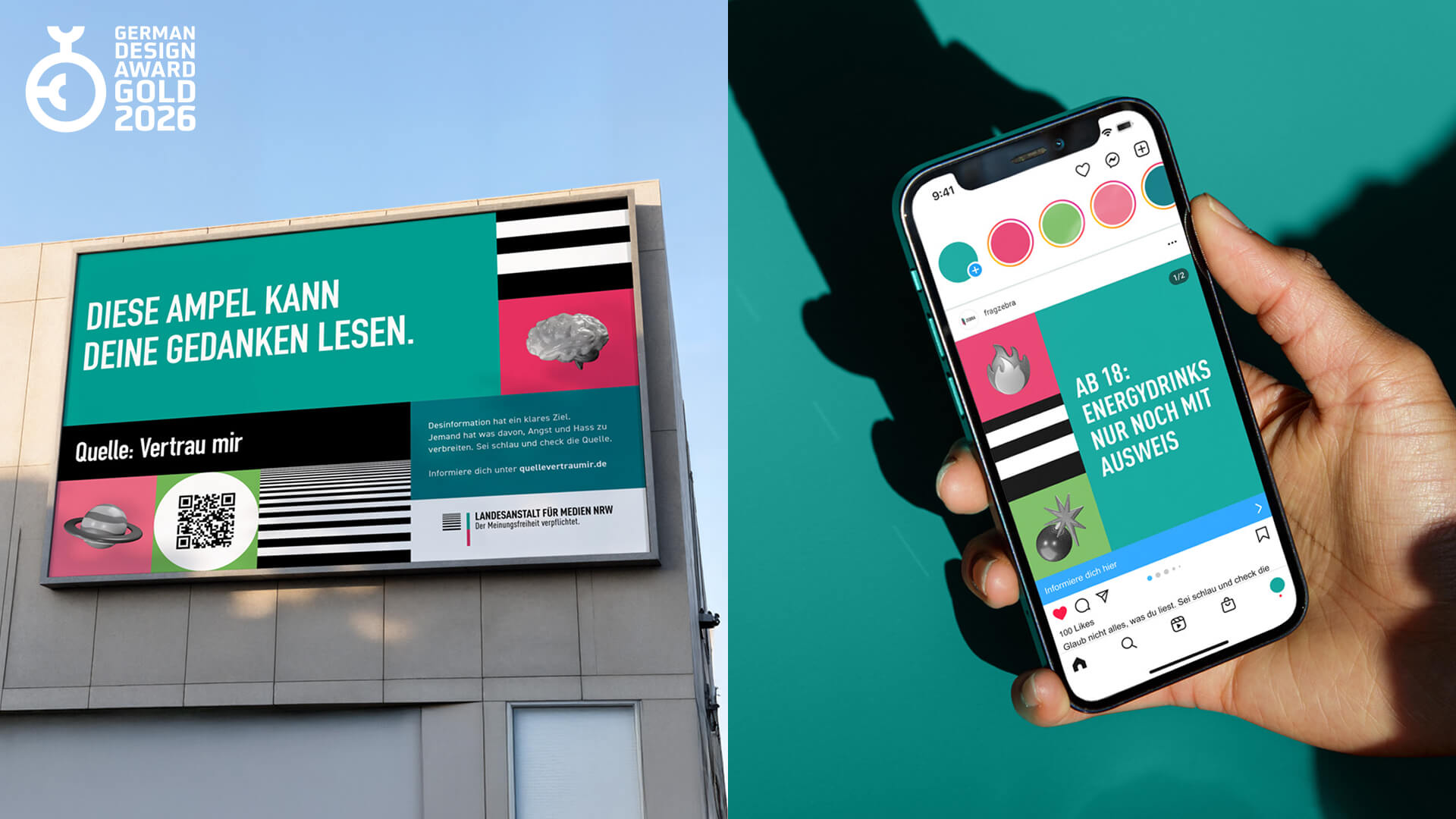 Eine geteilte Ansicht: Links ein großes Werbeplakat an einem modernen Gebäude mit der Aufschrift „DIESE AMPEL KANN DEINE GEDANKEN LESEN.“ und dem Absender „Quelle: Vertrau mir“. Rechts hält eine Hand ein Smartphone, das einen Instagram-Post mit der Schlagz