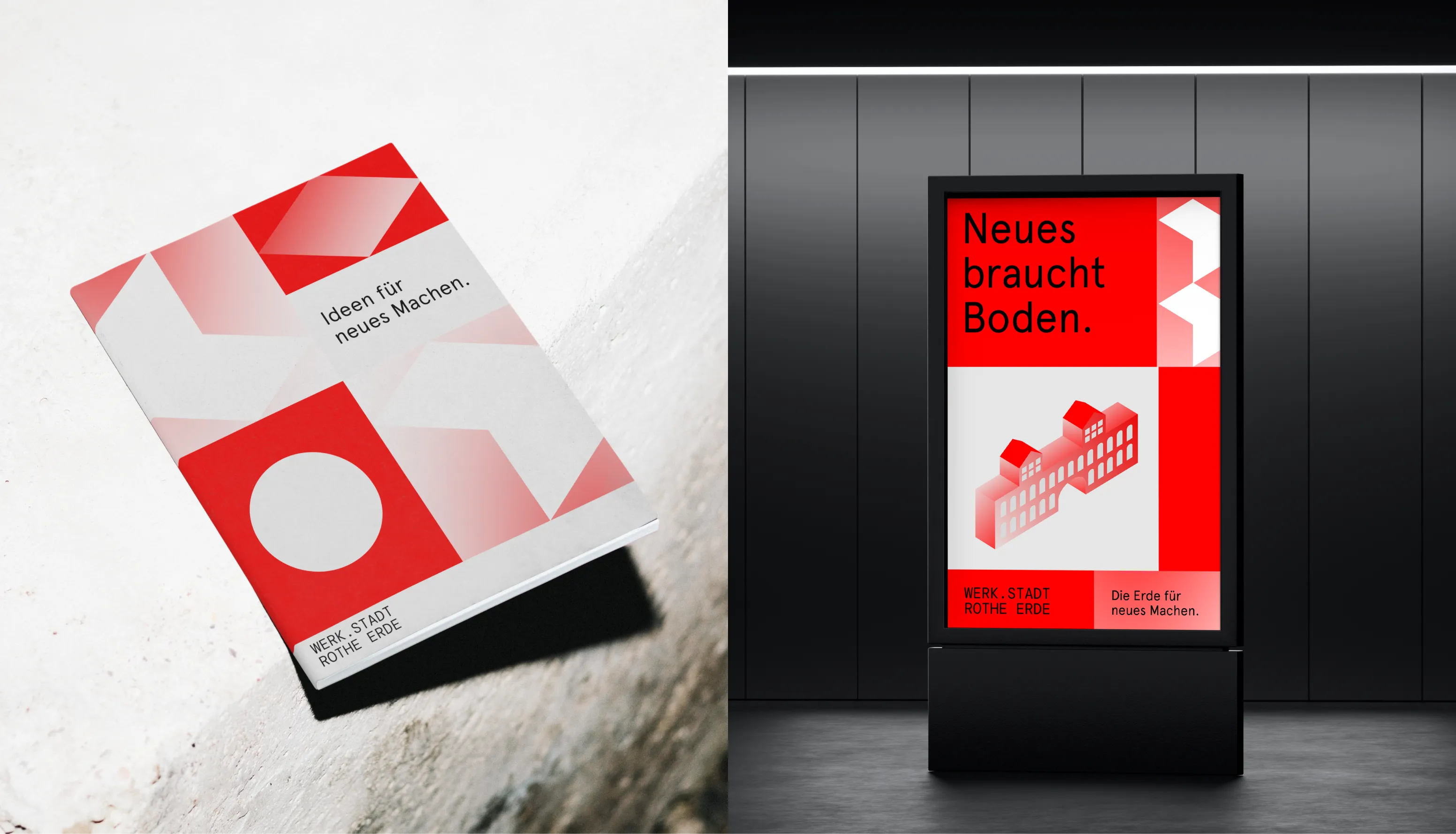 Mockup-Präsentation zweier Branding-Medien: Links eine Broschüre auf Beton mit dem Slogan „Ideen für neues Machen“, rechts ein beleuchtetes Plakat mit der Aufschrift „Neues braucht Boden. WERK.STADT ROTHE ERDE“.