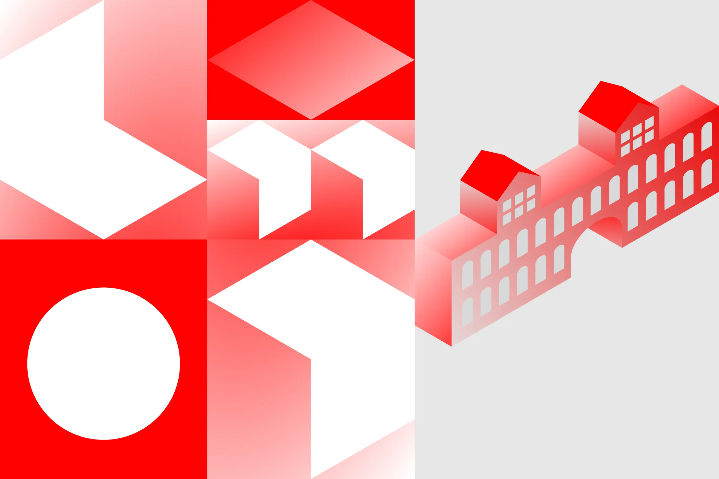 Grafisches Design-Raster mit rot-weißen geometrischen Mustern und einer isometrischen 3D-Illustration eines historischen Industriegebäudes.