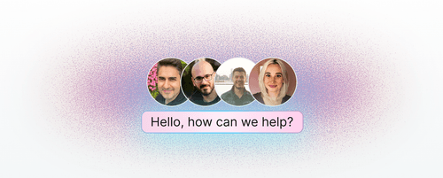 Four smiling people above text reading, 'Hello, how can we help?' on a purple and blue background.