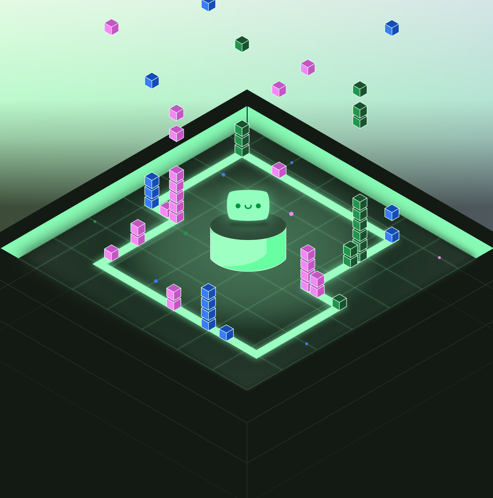 3D digital platform with a glowing green grid base and a smiling chatbot icon at the center surrounded by floating pink, blue, and green cube stacks.
