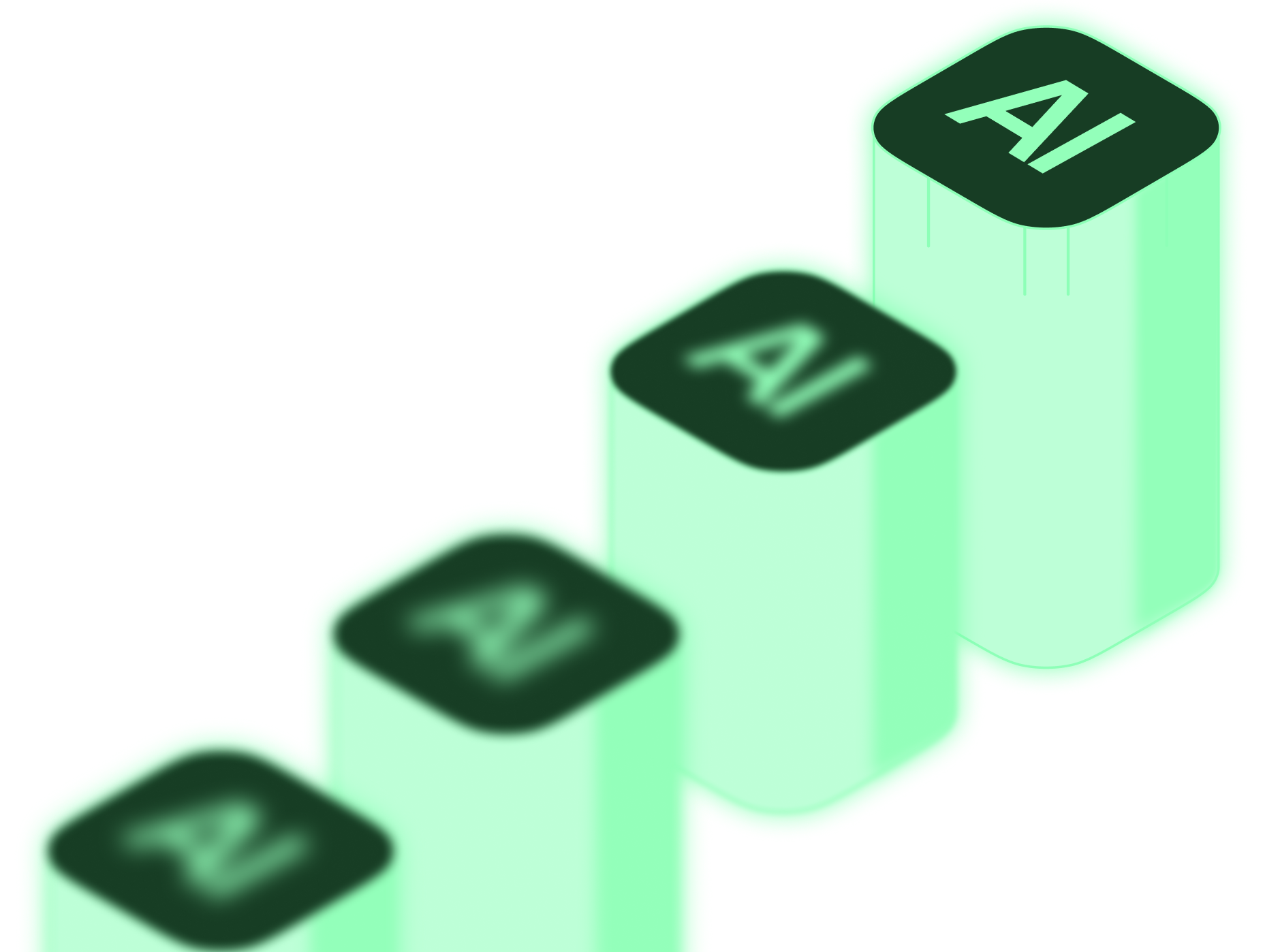 Four ascending green 3D blocks with the letters AI on top, representing artificial intelligence progress.