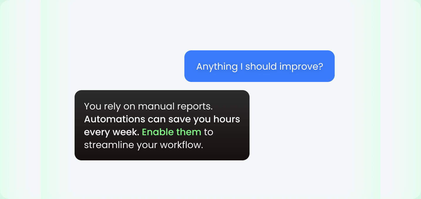Chat bubbles with a blue message asking 'Anything I should improve?' and a black response stating 'You rely on manual reports. Automations can save you hours every week. Enable them to streamline your workflow.'