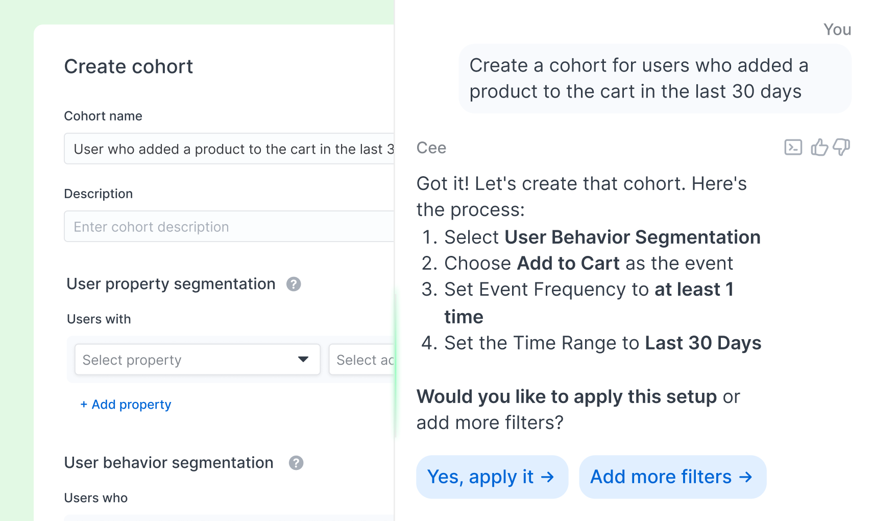 Chat conversation explaining Cohort in Countly 