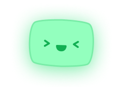 Smiling green cartoon face with eyes closed and a cheerful expression.