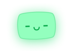 Simplified green robot face with closed eyes and smile, glowing with a fuzzy green aura.