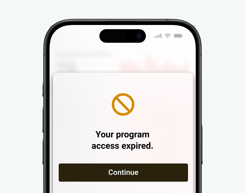 Smartphone screen showing a message that says 'Your program access expired' with a prohibition symbol above and a Continue button below.