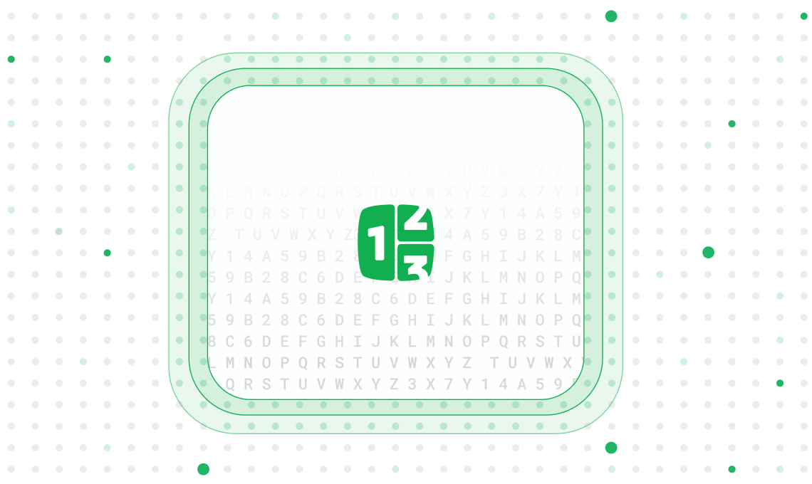Green segmented square with Countly logo inside, centered on a light background with faint alphanumeric characters and dotted patterns.
