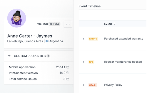 User profile for Anne Carter from La Pehuajó, Buenos Aires, Argentina, showing custom properties like mobile app version 25.14.1, infotainment version 14.2, total service issues 3, and an event timeline with events labeled Rating, NPS, and Crash.