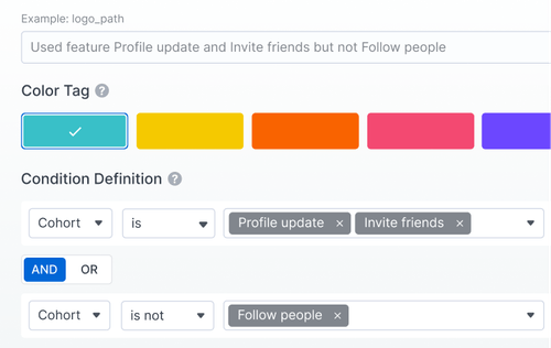 User interface showing a condition setup with color tags and cohort filters, defining 'is' Profile update and Invite friends, and 'is not' Follow people.