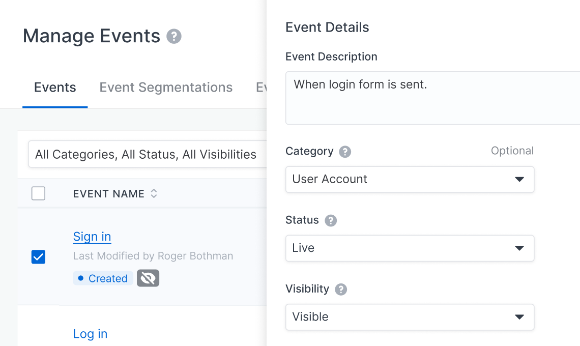 Manage Events interface showing event list with 'Sign in' selected and Event Details panel with description, category set to User Account, status Live, and visibility Visible.