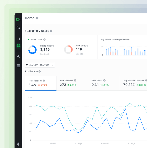 Dashboard displaying real-time visitors and audience analytics including 3,849 online visitors, 149 new visitors, and a line graph of total sessions and new sessions from January to March 2025.