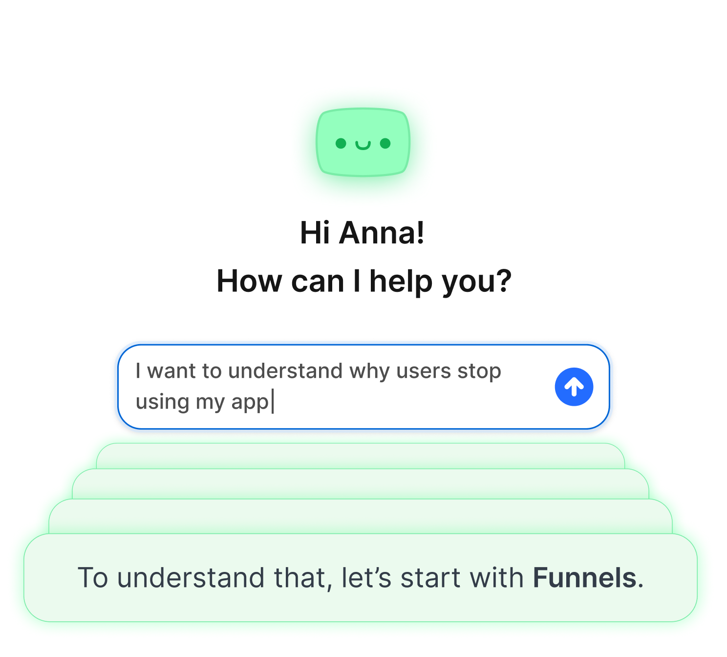 Chat interface with a green smiling icon, greeting Anna and asking how to help, with user input about understanding why users stop using the app and a suggestion to start with Funnels.